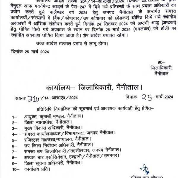 उत्तराखंड के इस जिले में मंगलवार को रहेगी छुट्टी, देखिए आदेश..