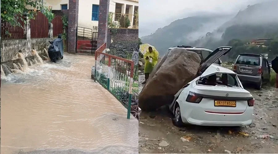 मूसलाधार बारिश का कहर: जलभराव, कार पर गिरा पत्थर, 17 सड़कें बंद, जनजीवन अस्त-व्यस्त